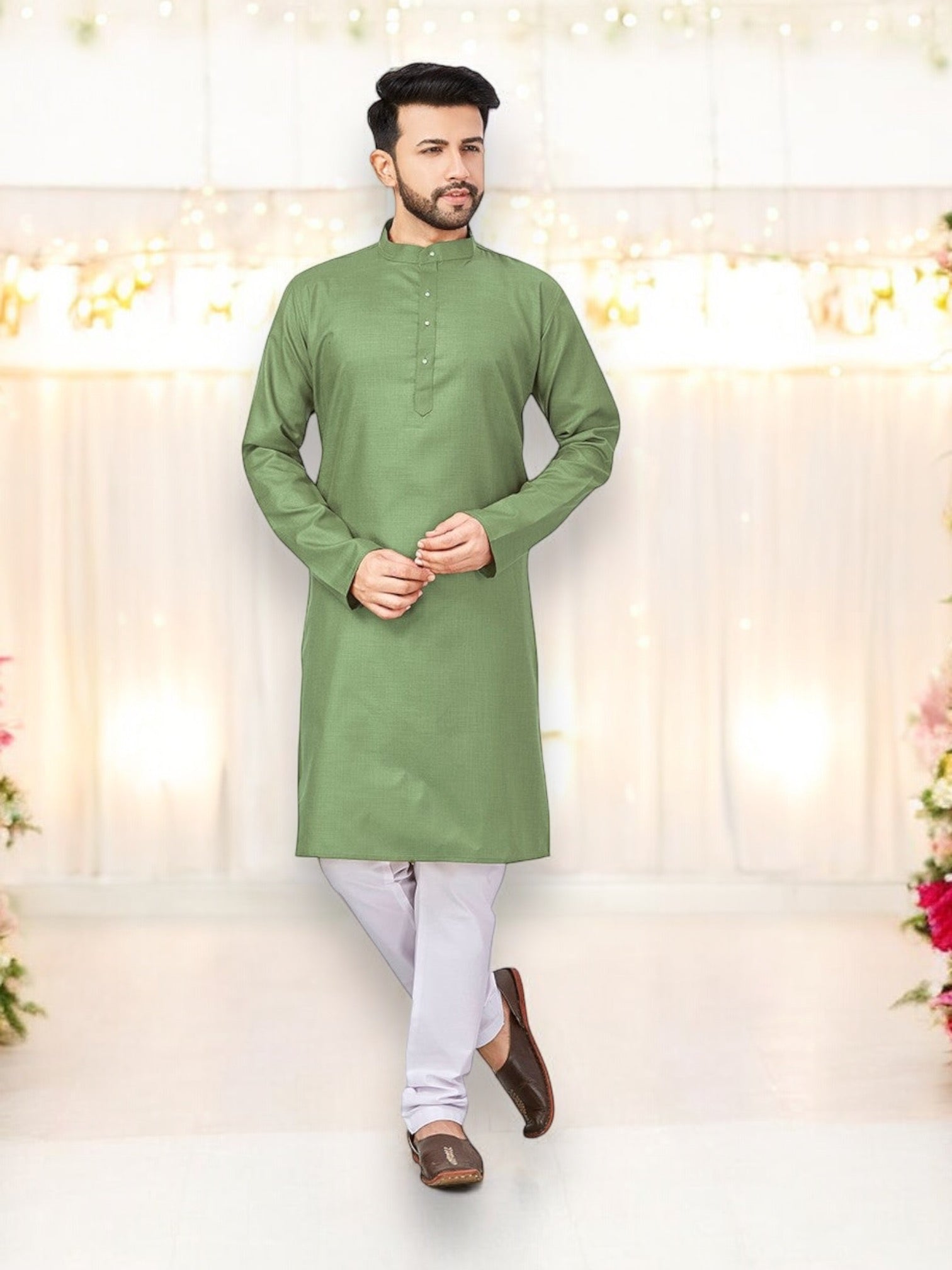 Parrot green Outluk 57 cotton men's kurta with matching pajama set by Saree Ghor Charlotte, traditional ethnic wear for men.