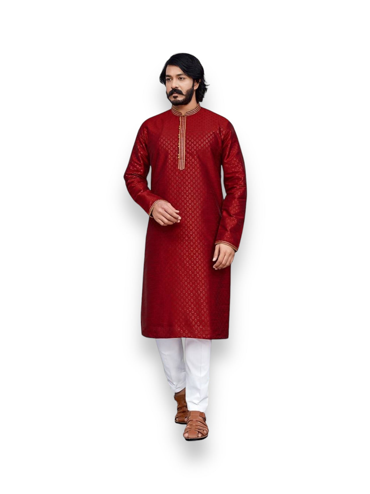 Red traditional silk men's kurta and pajama set by Saree Ghor Charlotte, ethnic wear with intricate details and classic style.