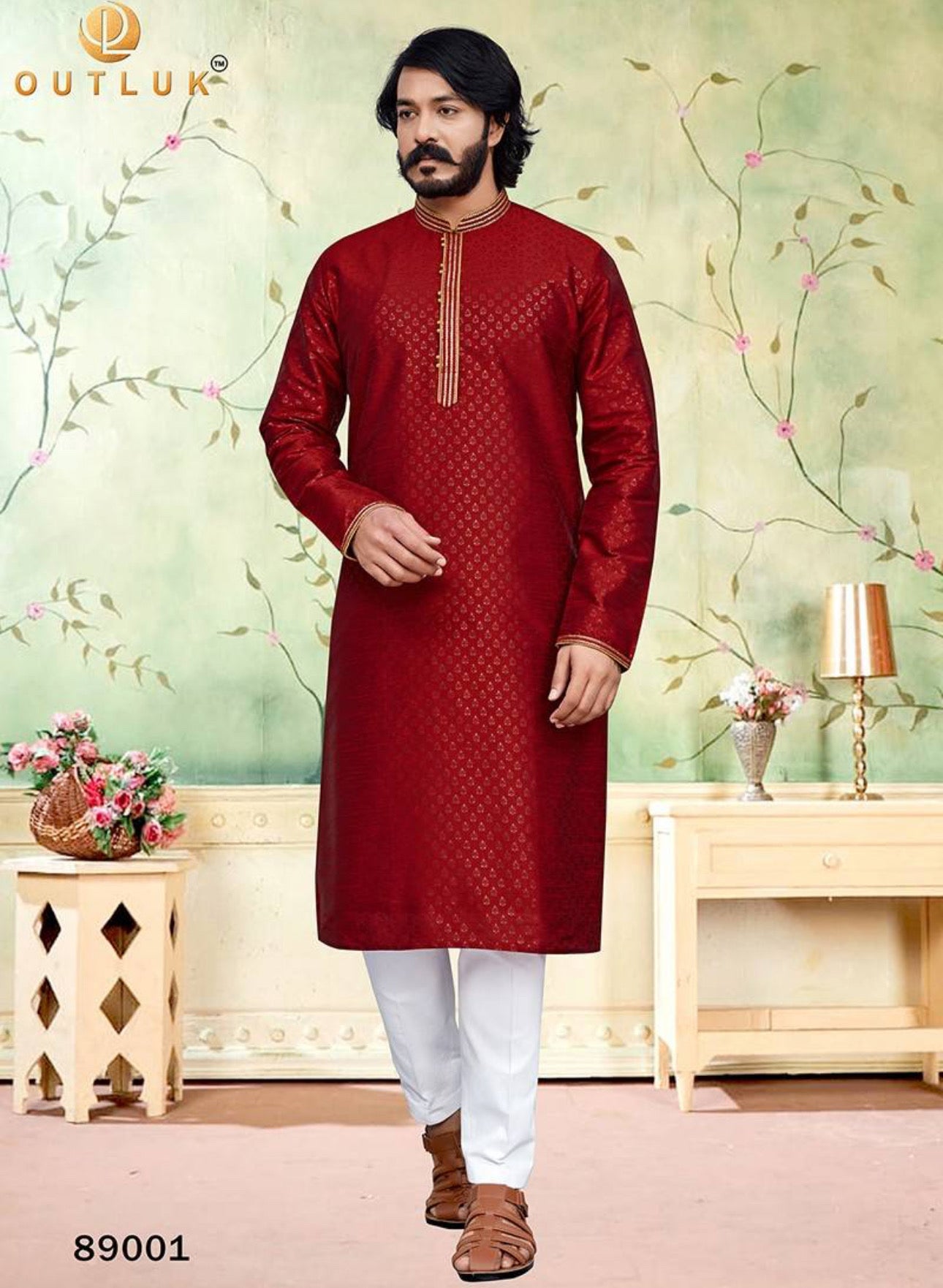 Red traditional silk men's kurta and pajama set by Saree Ghor Charlotte, showcasing ethnic wear with intricate detailing.