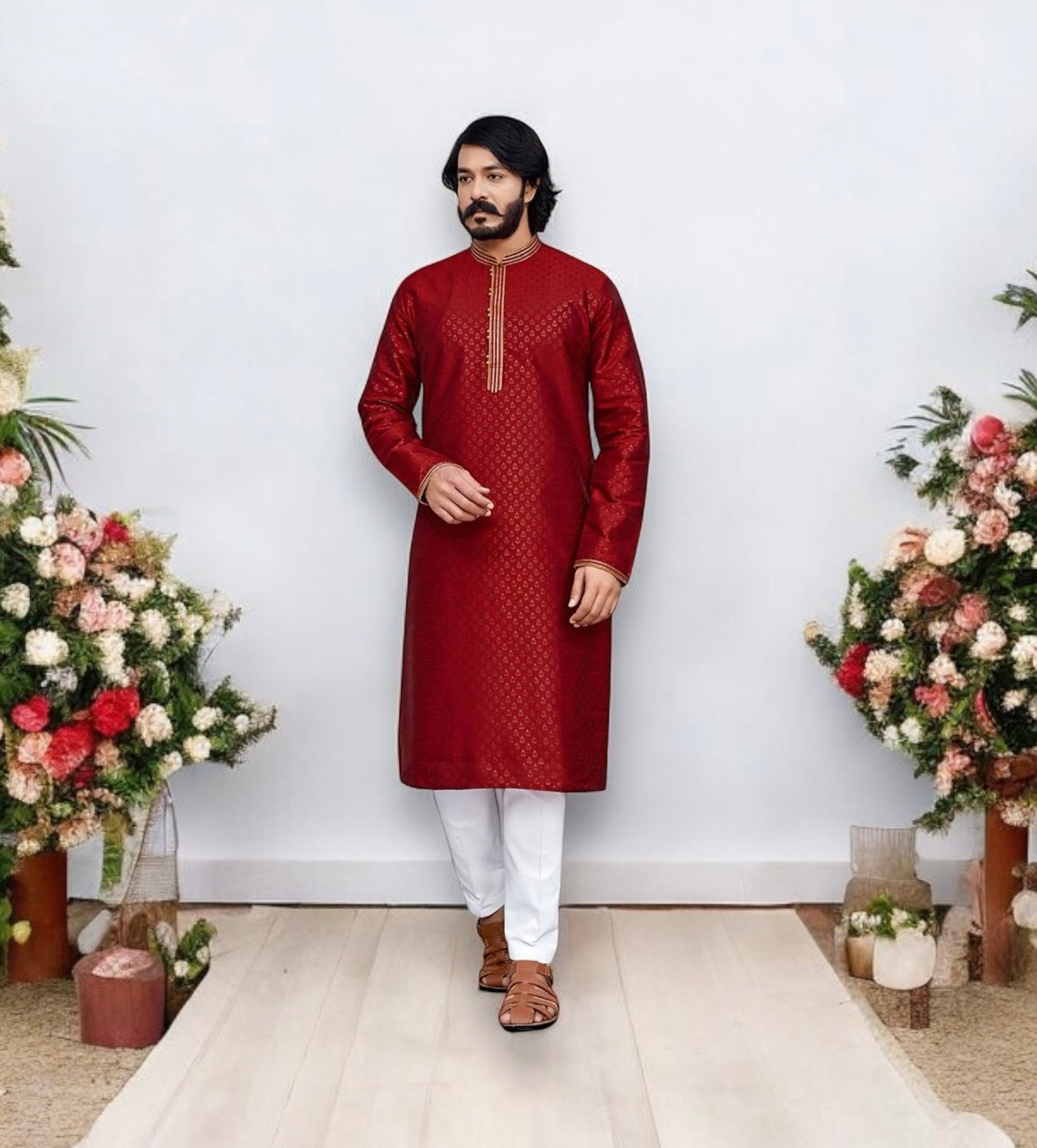 Red traditional silk men's kurta and pajama set from Saree Ghor Charlotte, showcasing intricate ethnic wear design.