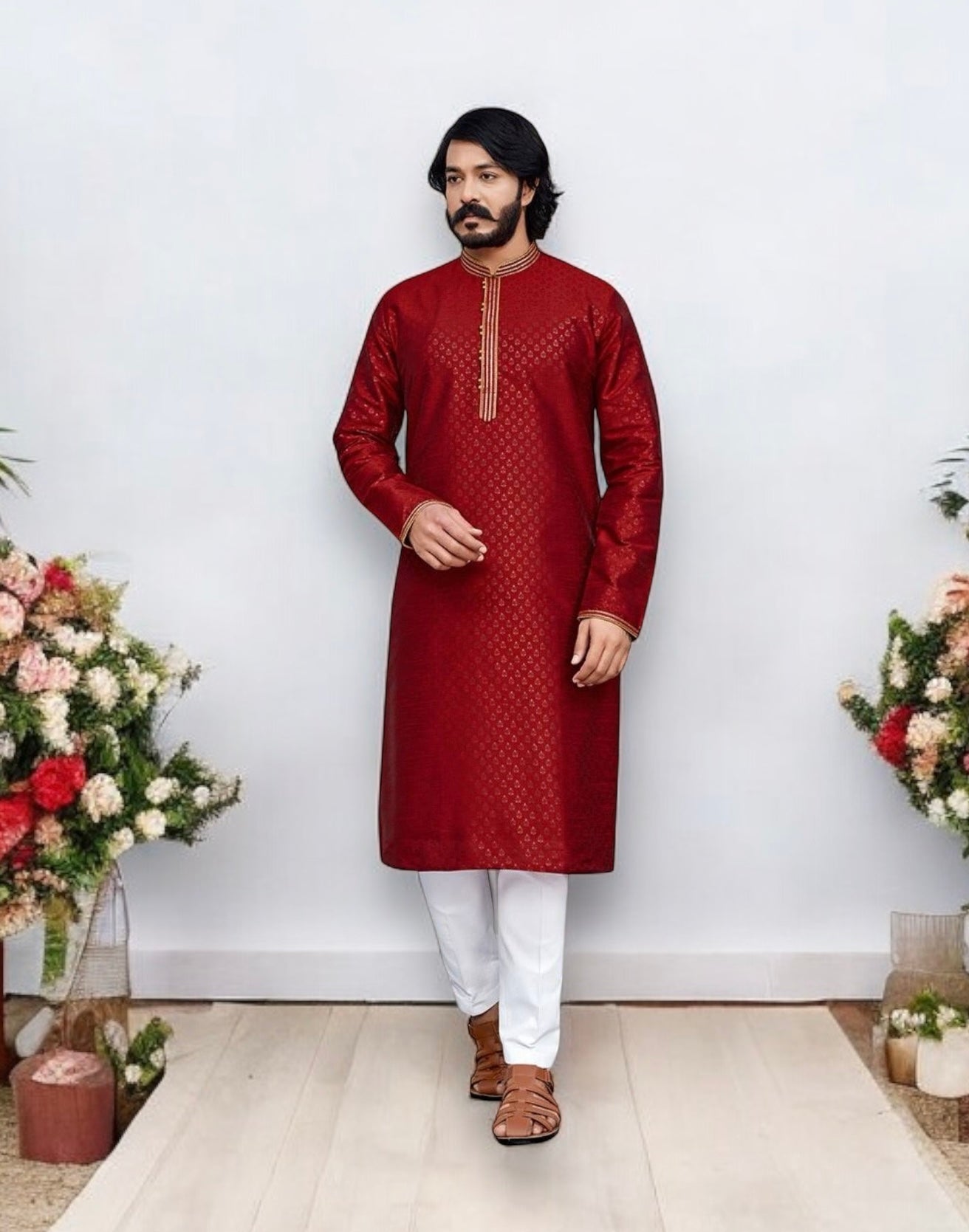 Red traditional silk men's kurta and pajama set by Saree Ghor Charlotte, showcasing ethnic cultural wear for men.