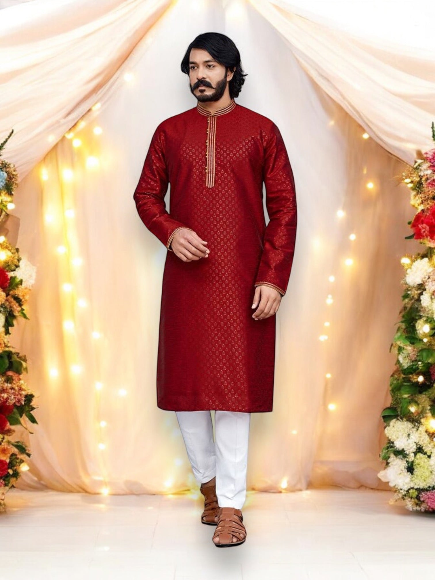 Red traditional silk men's kurta and pajama set, ethnic wear for men with intricate detailing by Saree Ghor Charlotte.