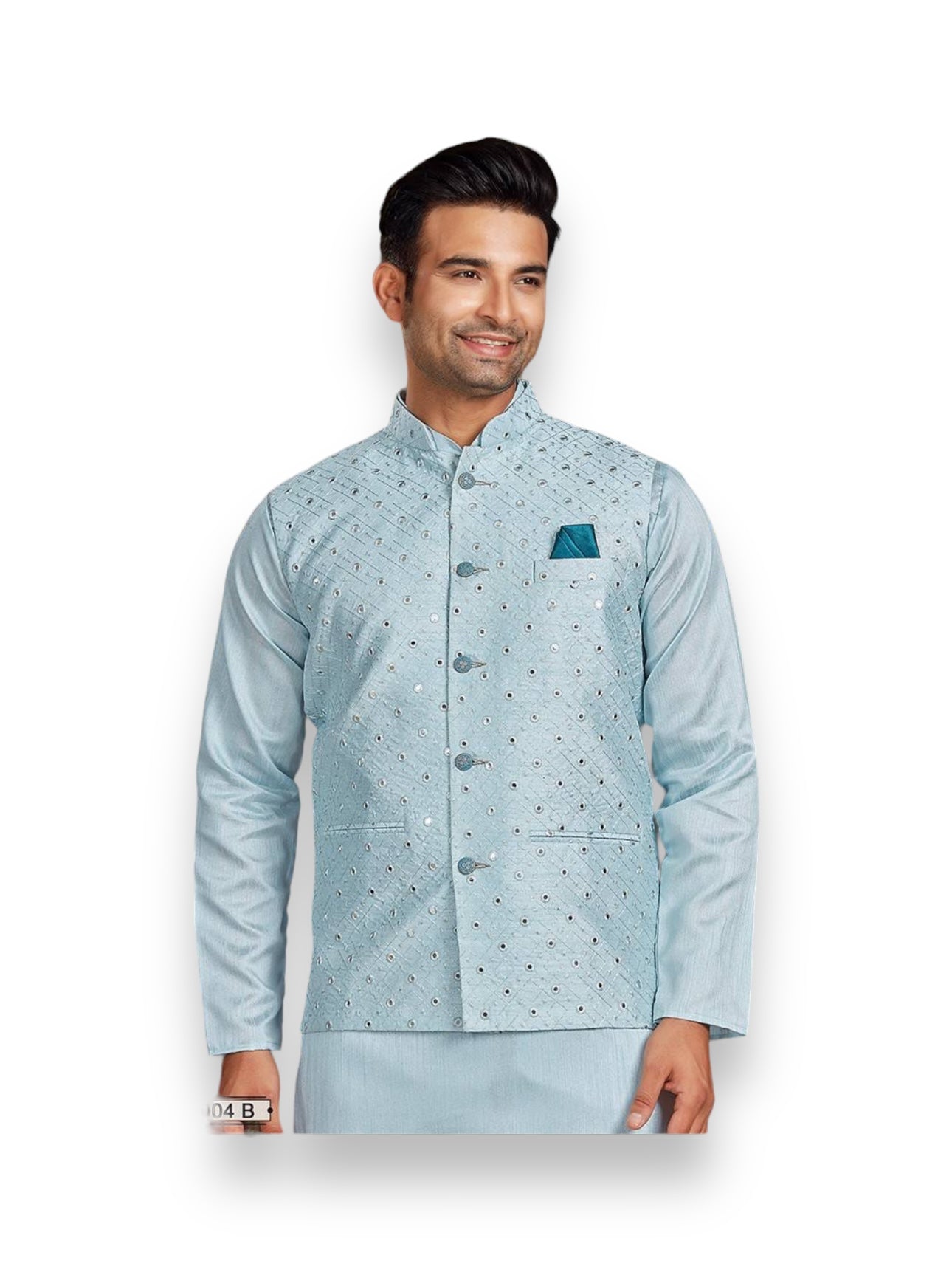 Sky blue traditional men's kurta pajama set with jacket by Saree Ghor Charlotte, ideal for parties and cultural events.