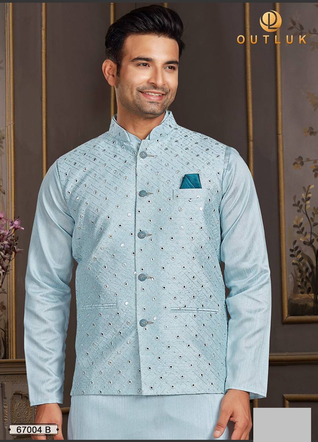 Sky blue traditional men's kurta pajama set with matching jacket, ethnic party wear by Saree Ghor Charlotte.