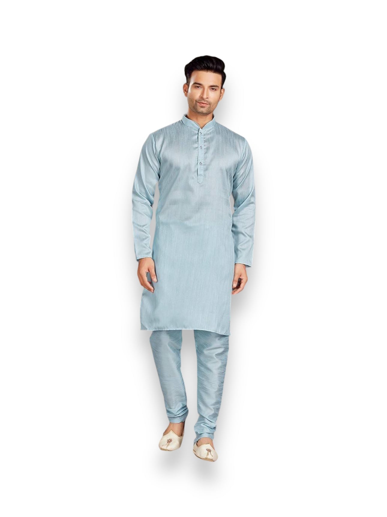 Sky blue traditional men's Kurta pajama set with jacket from Saree Ghor Charlotte, perfect for party and cultural wear.