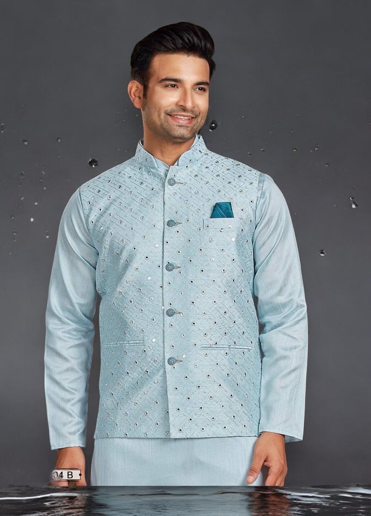 Sky blue traditional men's kurta pajama set with jacket, ethnic wear by Saree Ghor Charlotte, suitable for parties and special occasions.