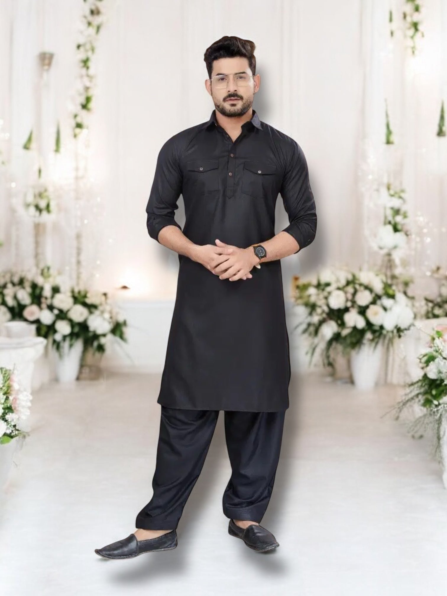 Traditional black Pathani cotton kurta and pajama outfit for men by Saree Ghor Charlotte, featuring classic style and comfortable fabric.