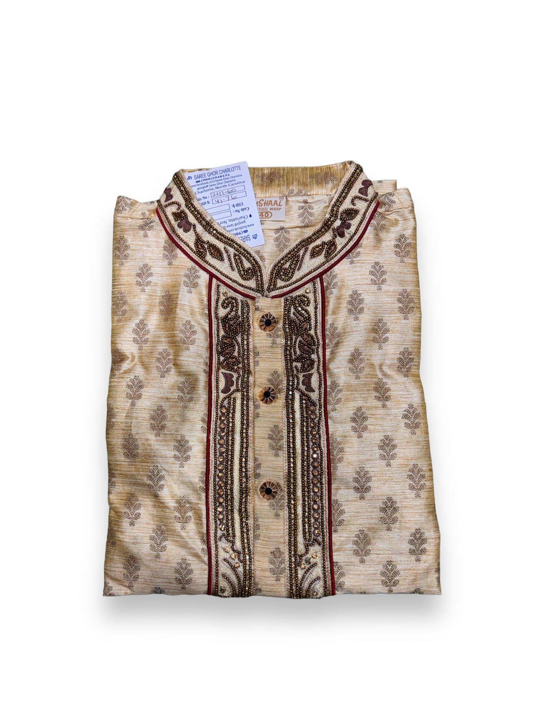 Traditional men's cotton party wear kurta by Saree Ghor Charlotte, showcasing intricate design and comfortable fit.