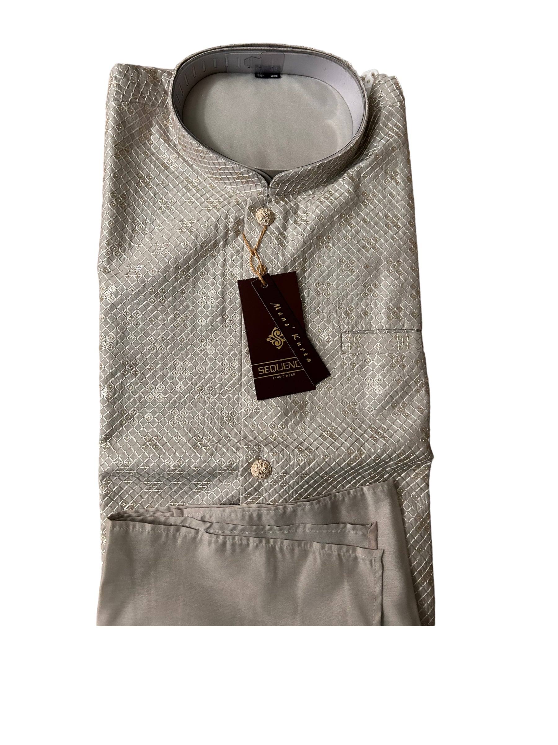 Traditional gray silk men's kurta set with matching pant and coat by Saree Ghor Charlotte, featuring intricate fabric details.