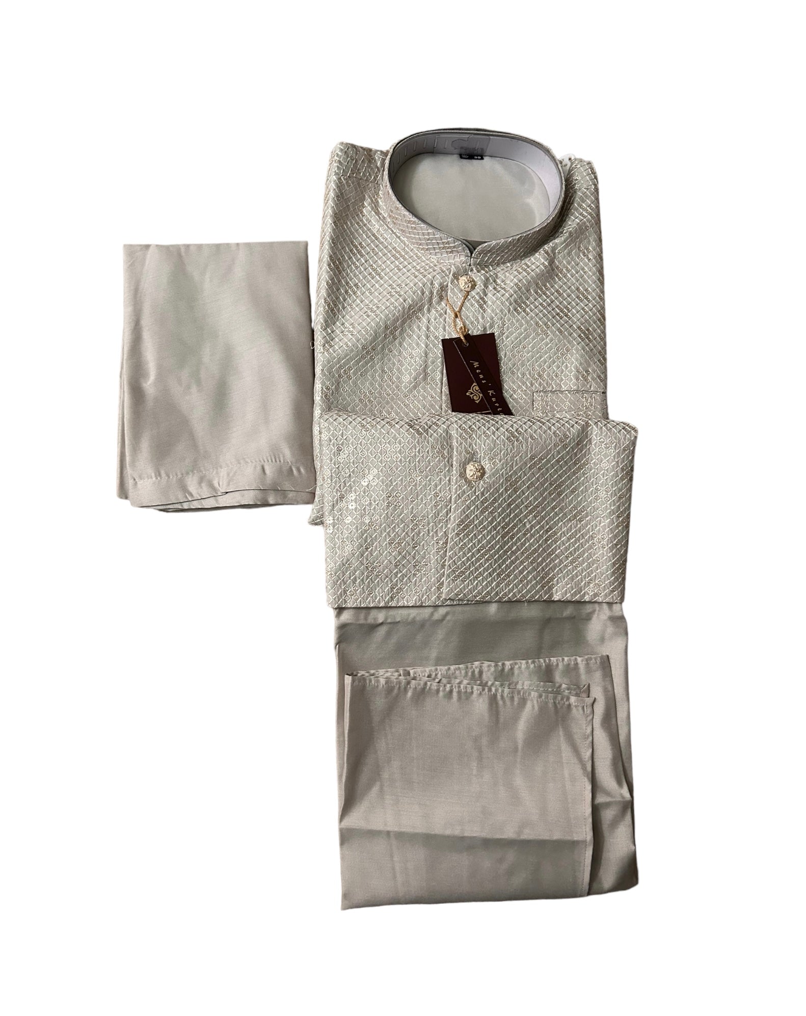 Traditional gray silk men's kurta set with matching pant and coat by Saree Ghor Charlotte, suited for formal occasions.
