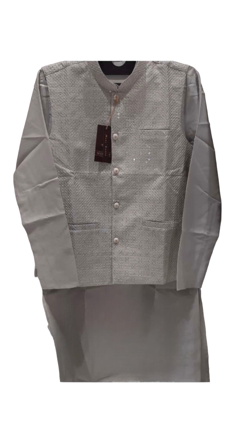 Traditional gray silk men's kurta set with matching pant and coat by Saree Ghor Charlotte, featuring intricate fabric details.