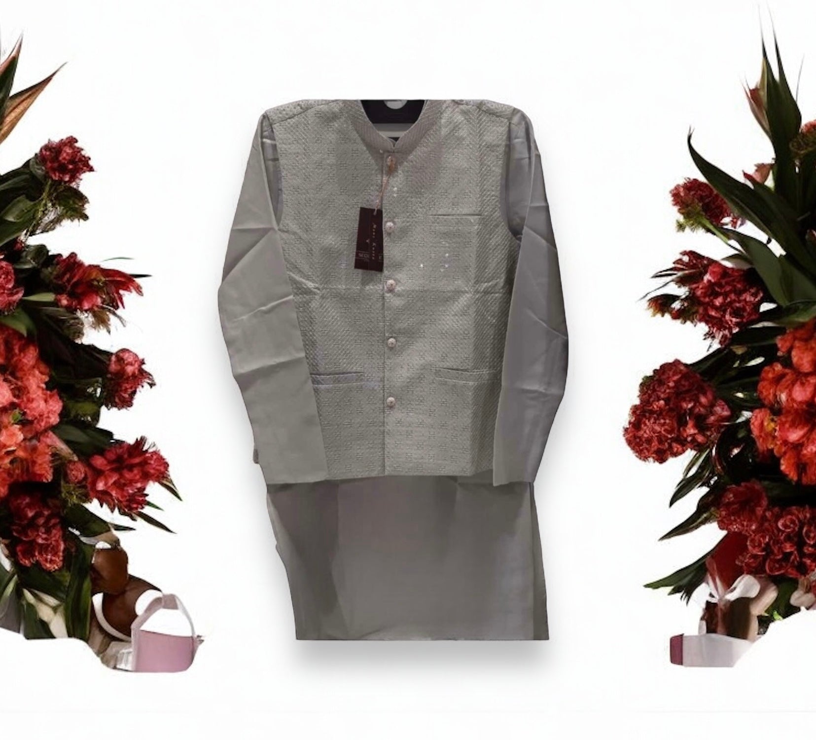 Traditional gray silk men's kurta set with matching pant and coat by Saree Ghor Charlotte, shown on a hanger.