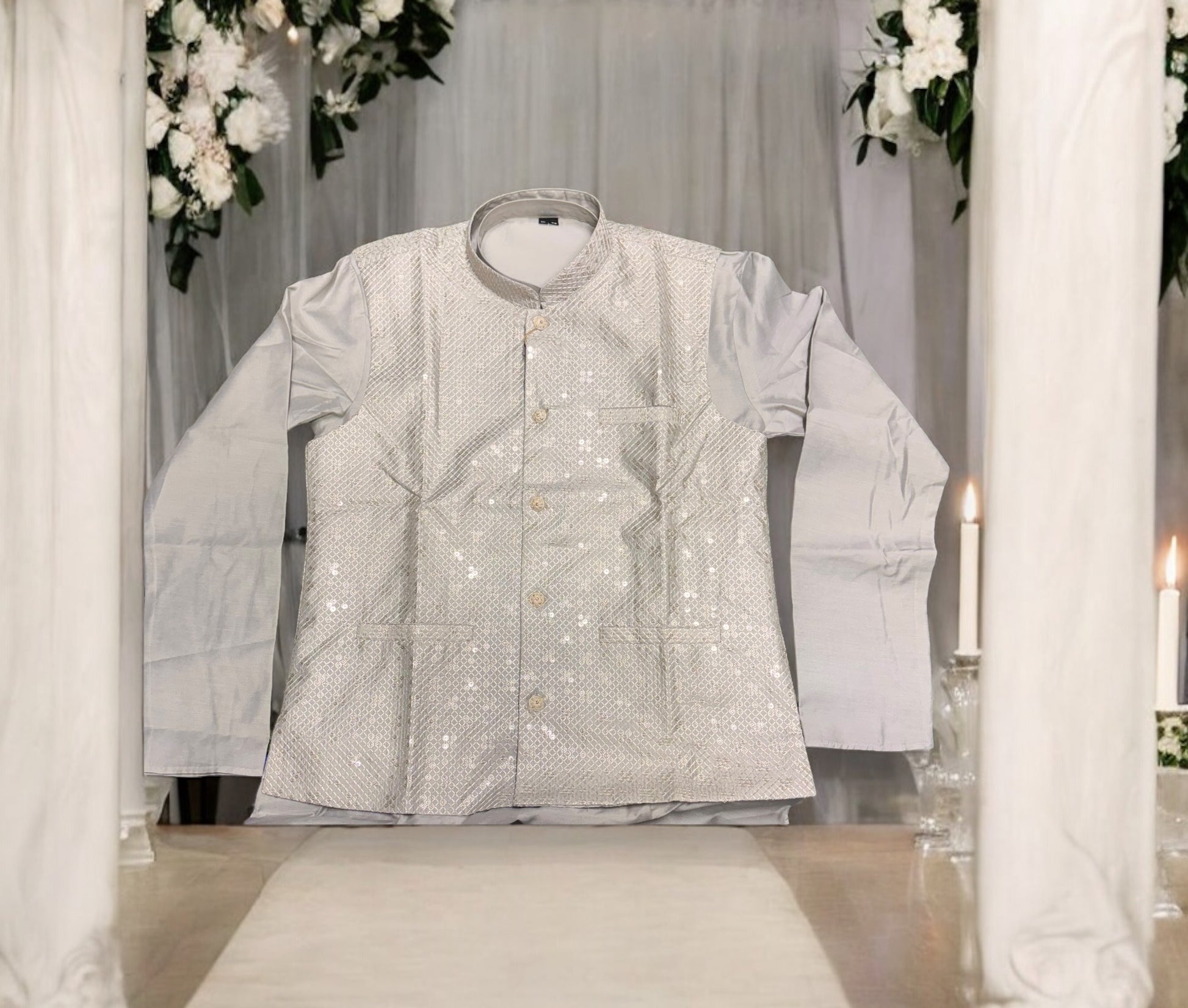 Traditional gray silk men's kurta set with matching pant and coat, featuring intricate embroidery and classic design.