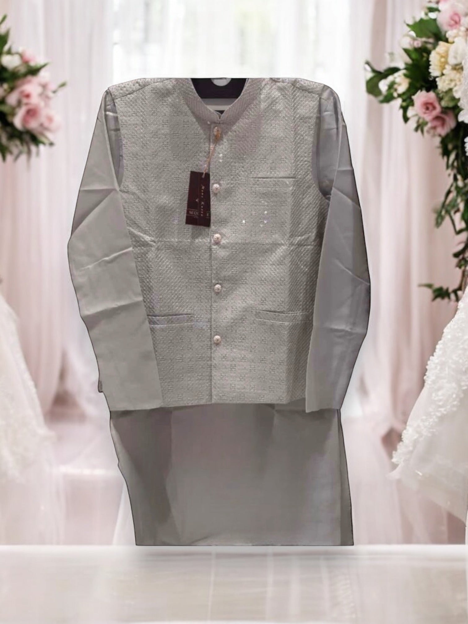 Traditional gray silk men's kurta set with matching pants and coat by Saree Ghor Charlotte, featuring intricate detailing.