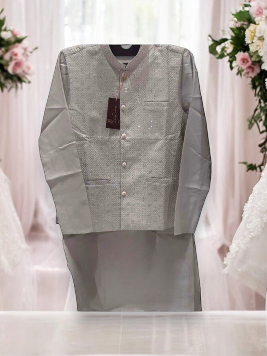Traditional Gray Silk Kurta Set for Men with Pant and Coat - HT6423 - Saree Ghor Charlotte