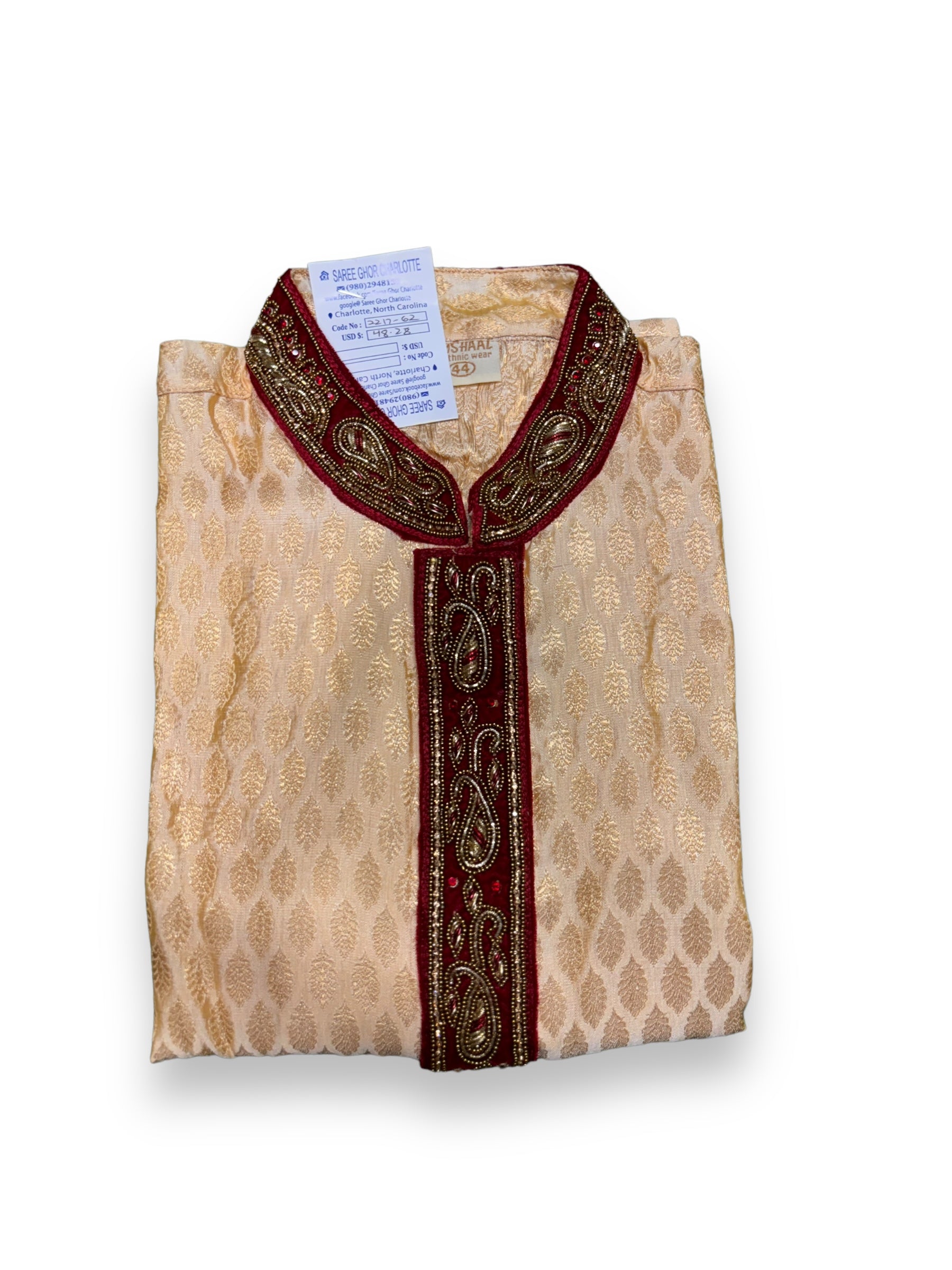 Traditional men's cotton party wear kurta by Saree Ghor Charlotte, beige with intricate embroidery and a classic fit.