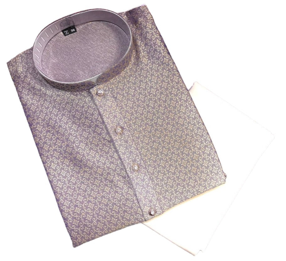 Men's ivory silk kurta with matching pants, traditional style by Saree Ghor Charlotte, shown on a hanger or model.