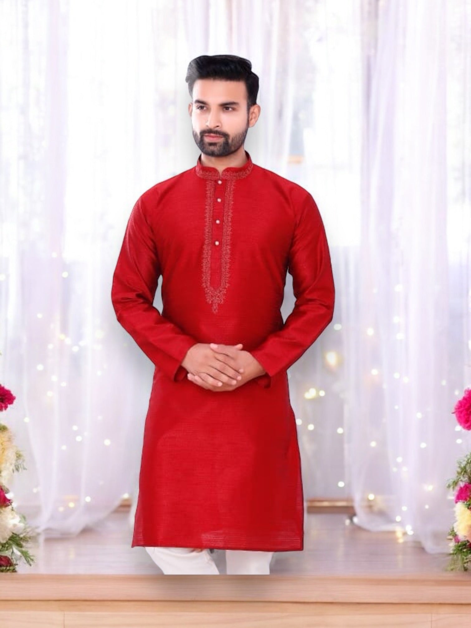 Traditional men's silk kurta and pajama set by Saree Ghor Charlotte, showcasing elegant ethnic men's wear in rich silk fabric.