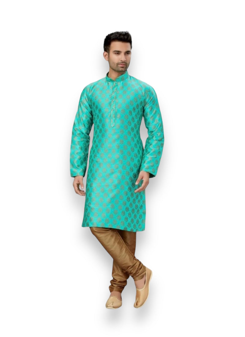 Traditional men's silk kurta in vibrant color with intricate embroidery, paired with matching pajama for ethnic wear elegance.