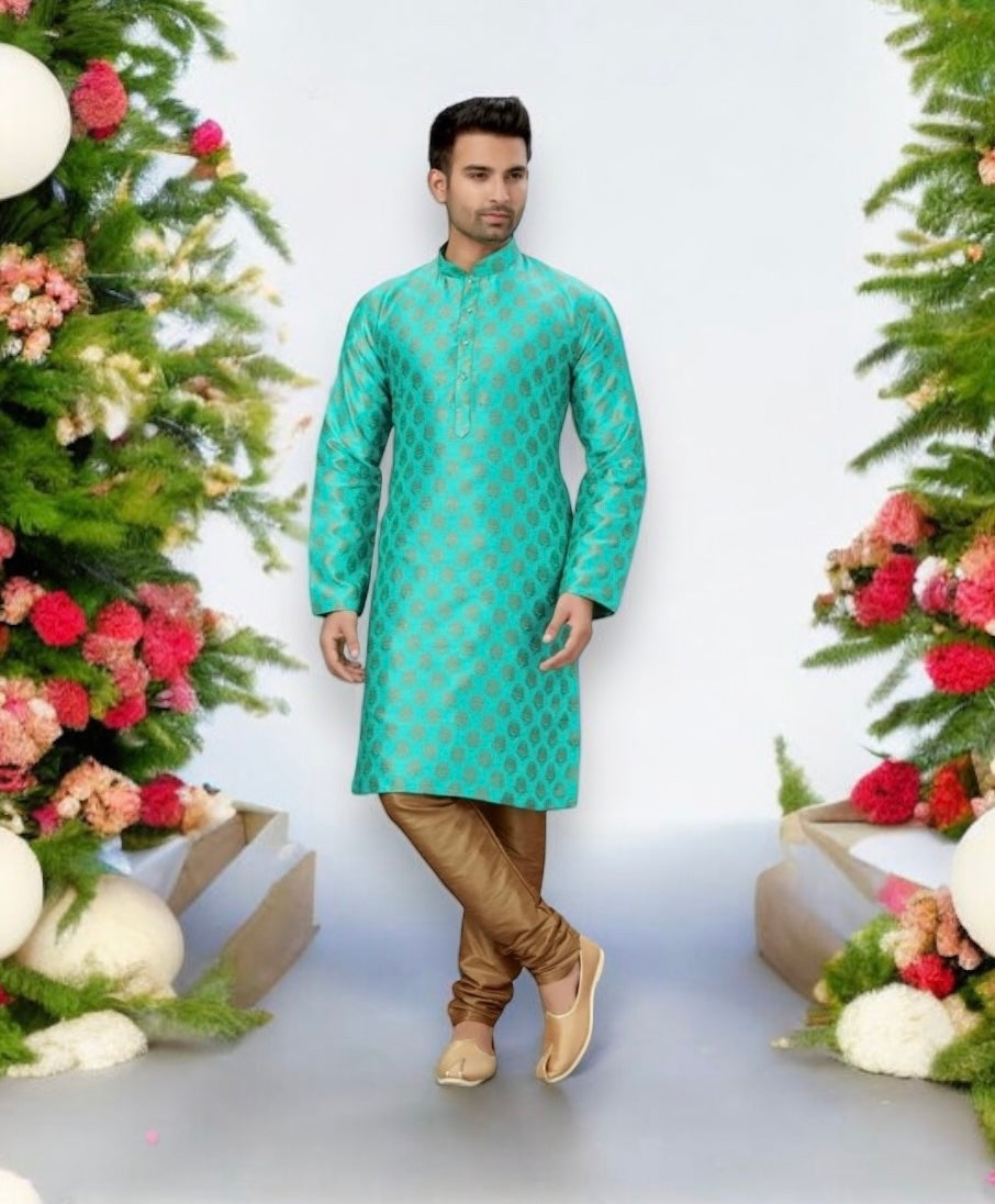 Traditional men's silk kurta and pajama from Saree Ghor Charlotte, showcasing the elegant ethnic wear with intricate details.