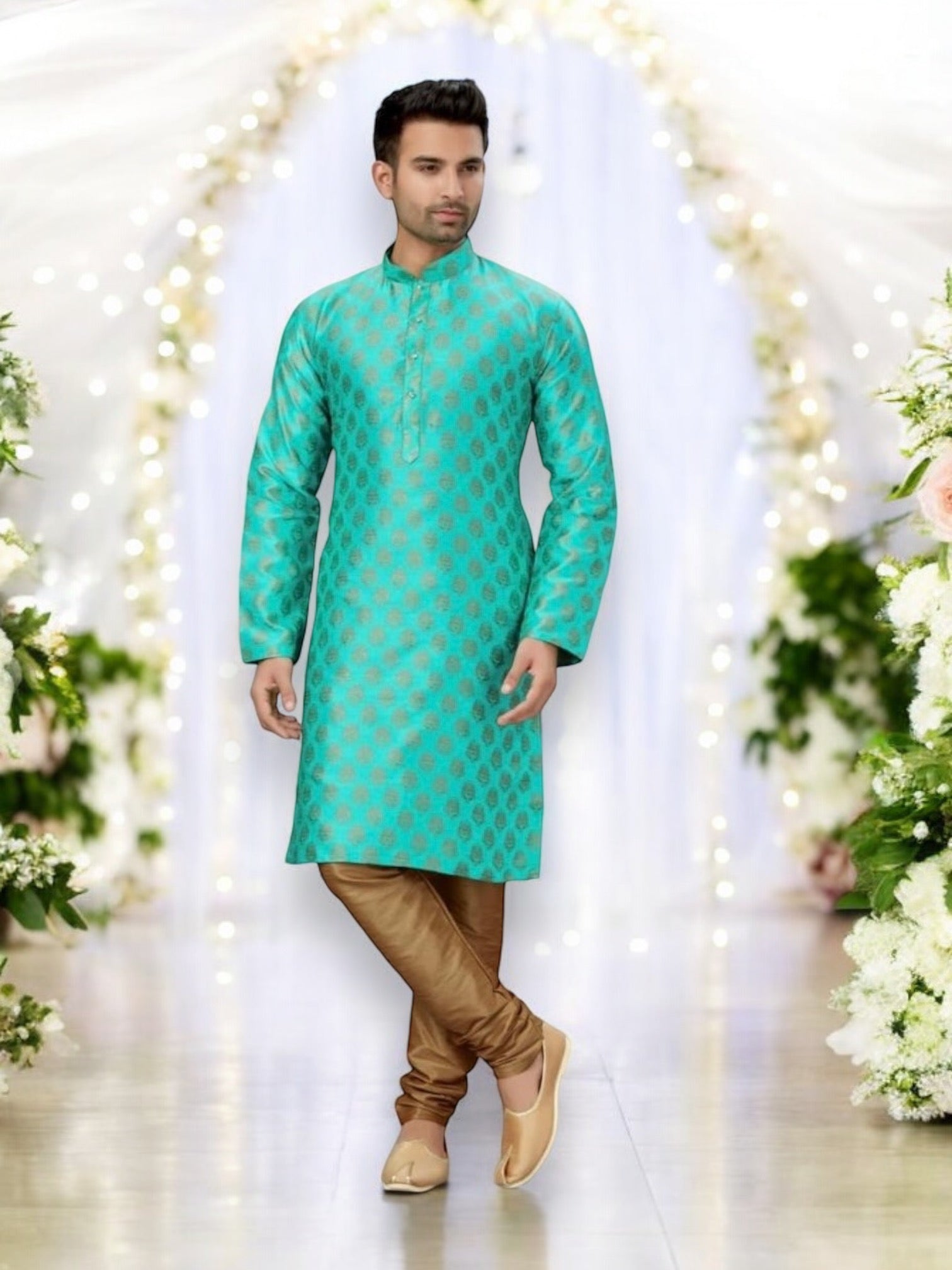 Traditional men's silk kurta pajama by Saree Ghor Charlotte, featuring intricate ethnic design and classic cultural wear for men.