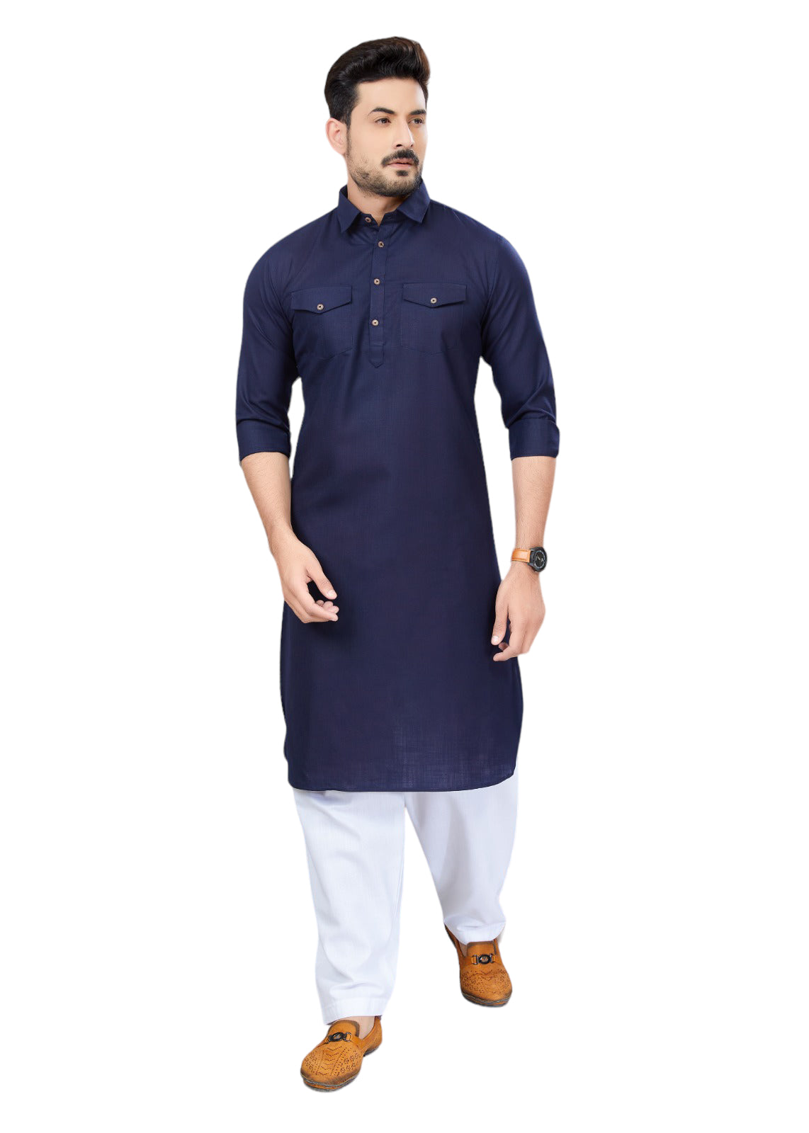 Traditional navy blue Pathani cotton kurta and pajama set for men, ethnic wear by Saree Ghor Charlotte.