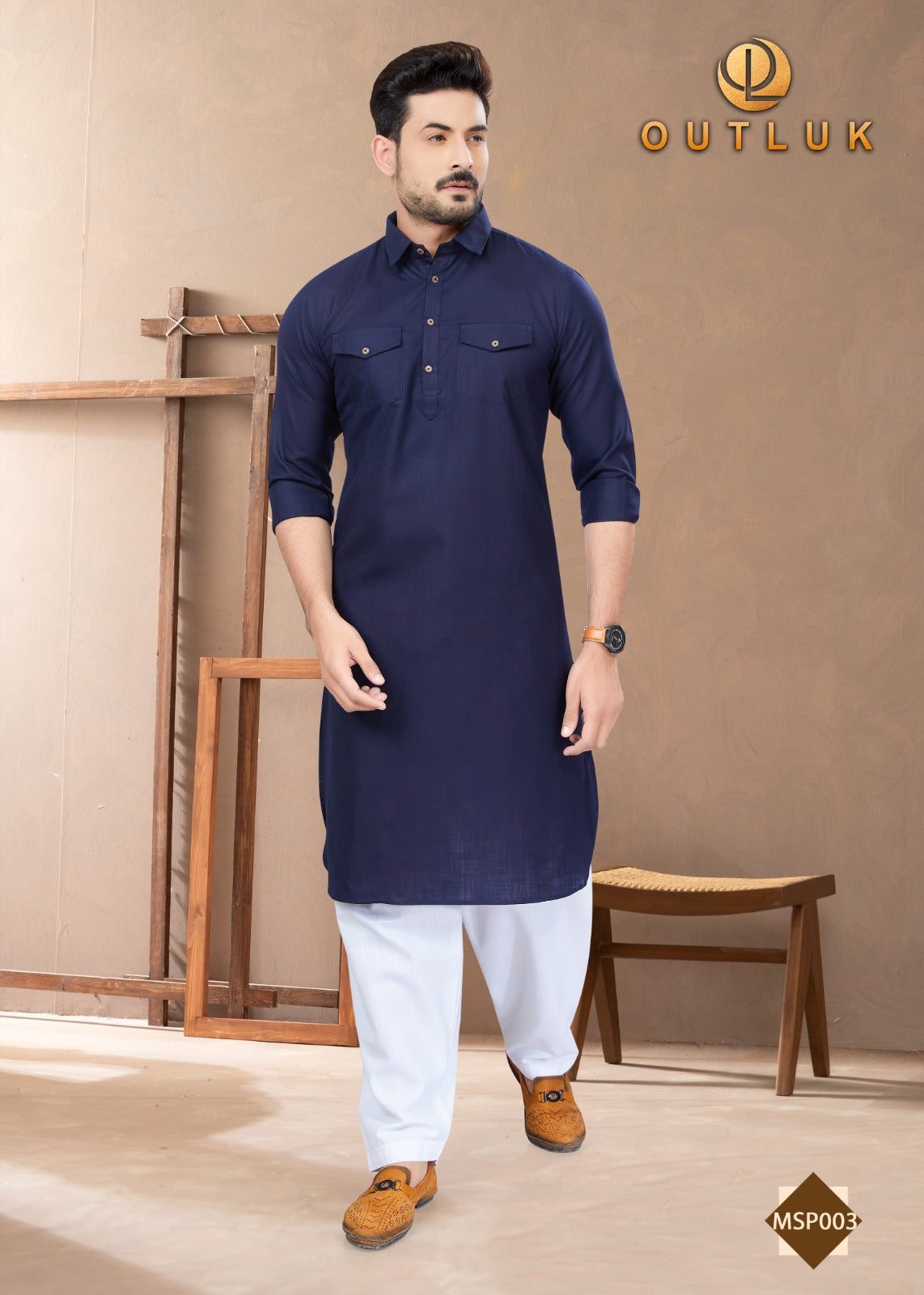 Traditional navy blue Pathani cotton kurta and pajama outfit for men by Saree Ghor Charlotte, featuring ethnic wear design.