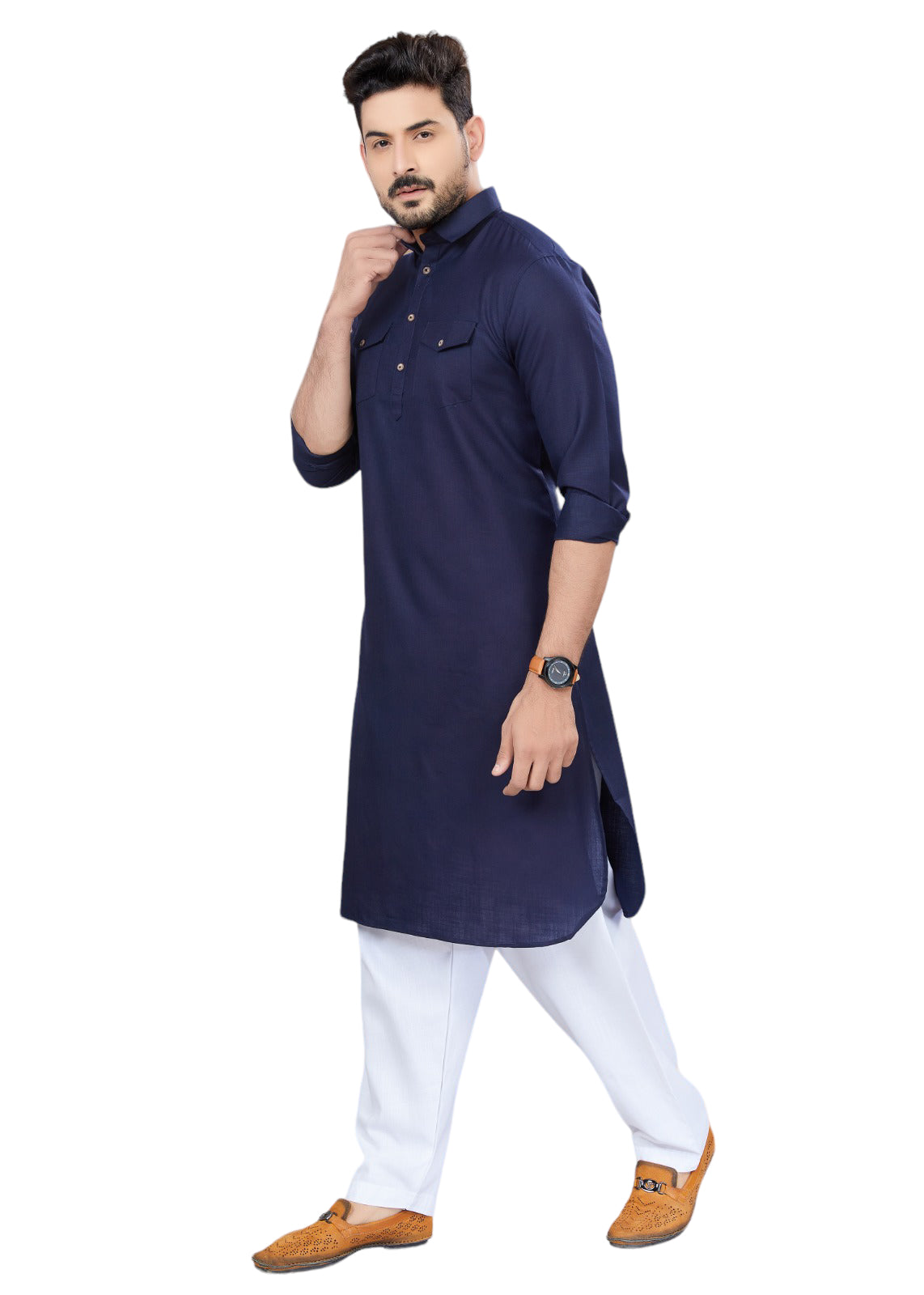 Traditional navy blue Pathani cotton kurta and pajama outfit for men by Saree Ghor Charlotte, ethnic cultural wear ensemble.