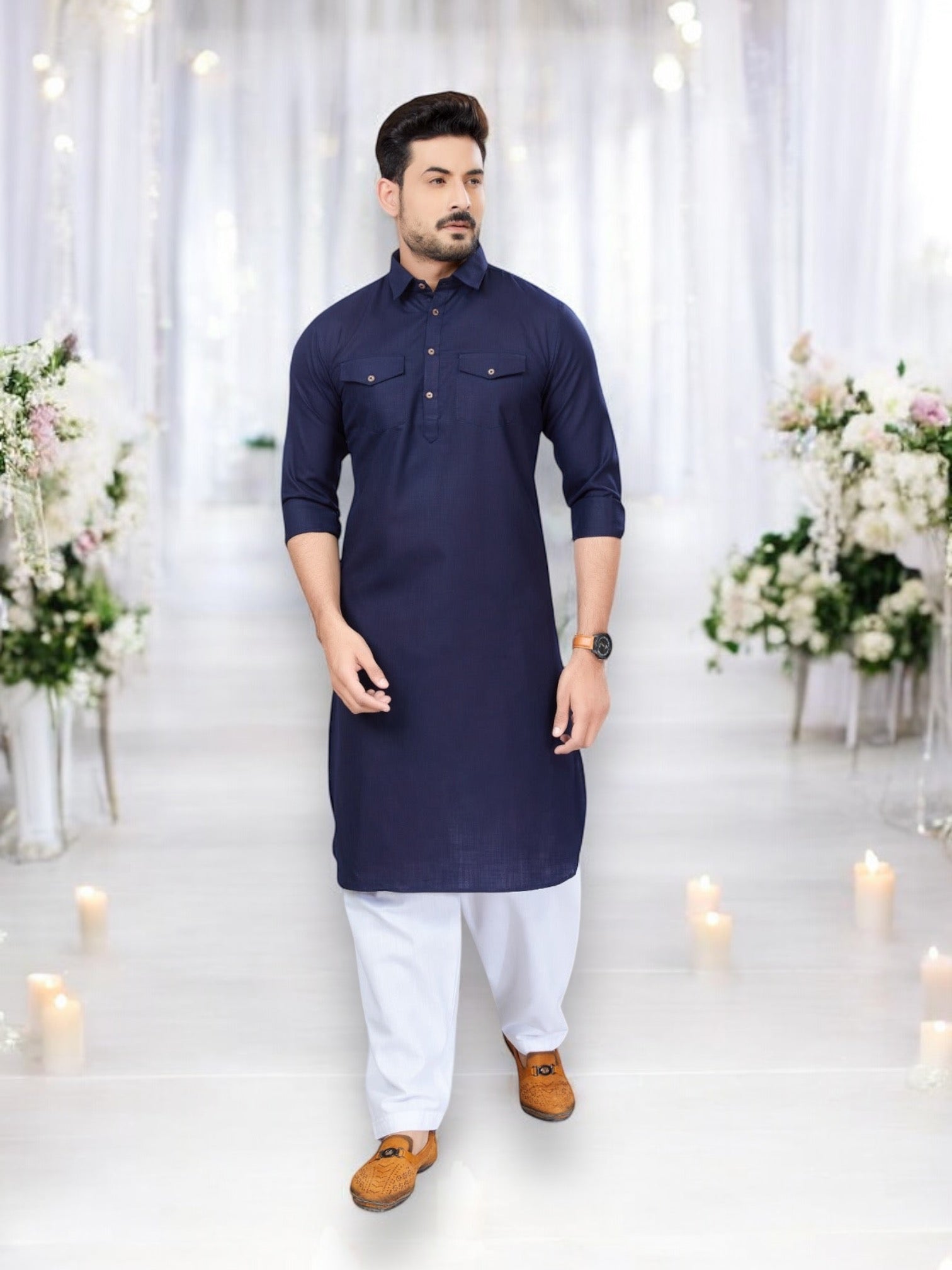 Traditional navy blue Pathani cotton kurta and pajama outfit for men, ethnic wear by Saree Ghor Charlotte, casual cultural attire.