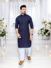 Traditional navy blue Pathani cotton kurta and pajama outfit for men, ethnic wear by Saree Ghor Charlotte, casual cultural attire.