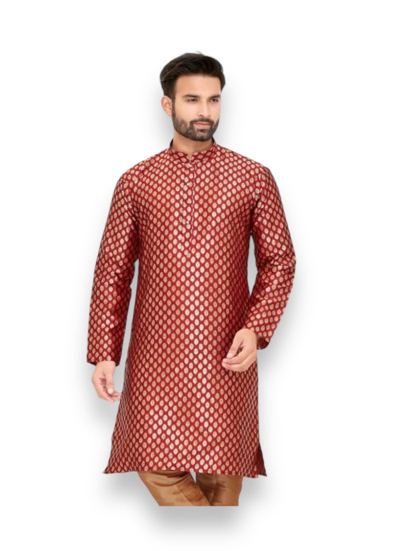 Traditional silk men's kurta and pajama set by Saree Ghor Charlotte, showcasing an elegant ethnic wear design for men.