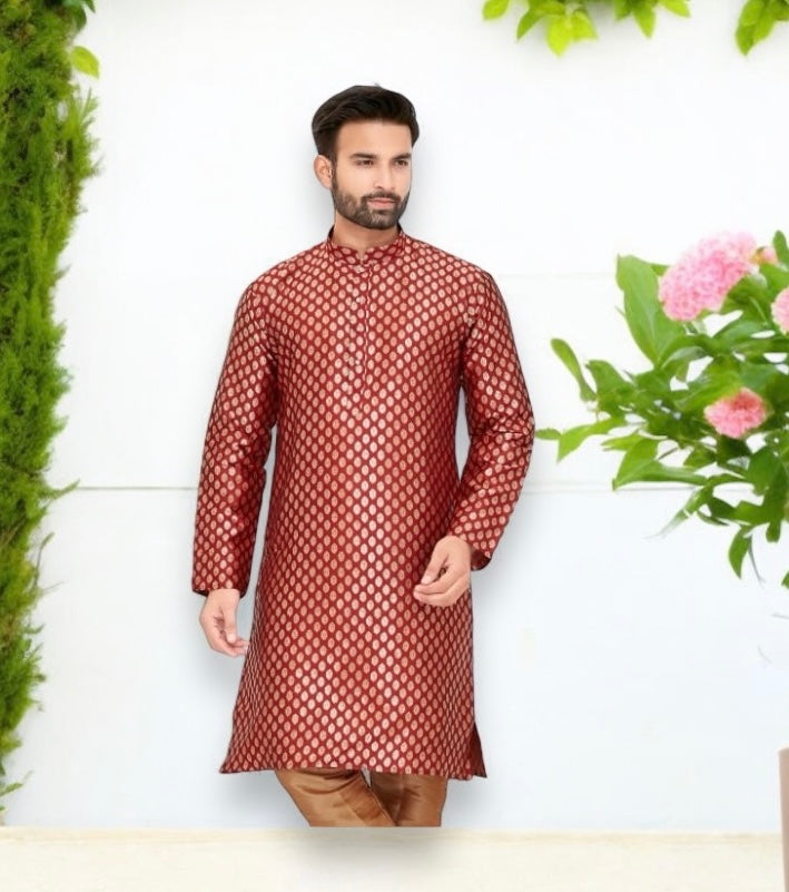 Traditional silk men's kurta and pajama set from Saree Ghor Charlotte, featuring intricate embroidery and classic ethnic design.