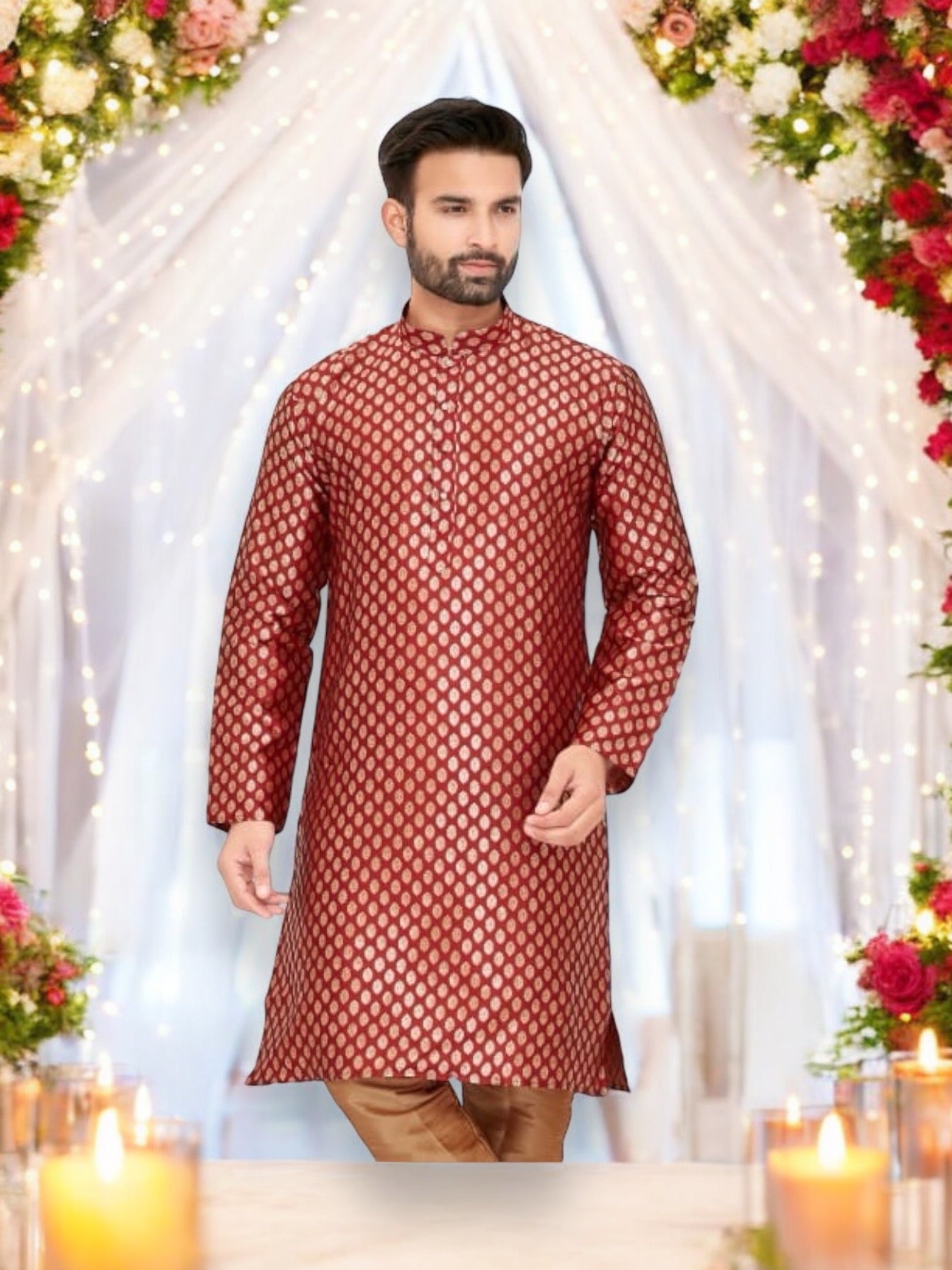 Male model wearing a traditional silk kurta and pajama, ethnic wear from Saree Ghor Charlotte, showcasing cultural men's attire.
