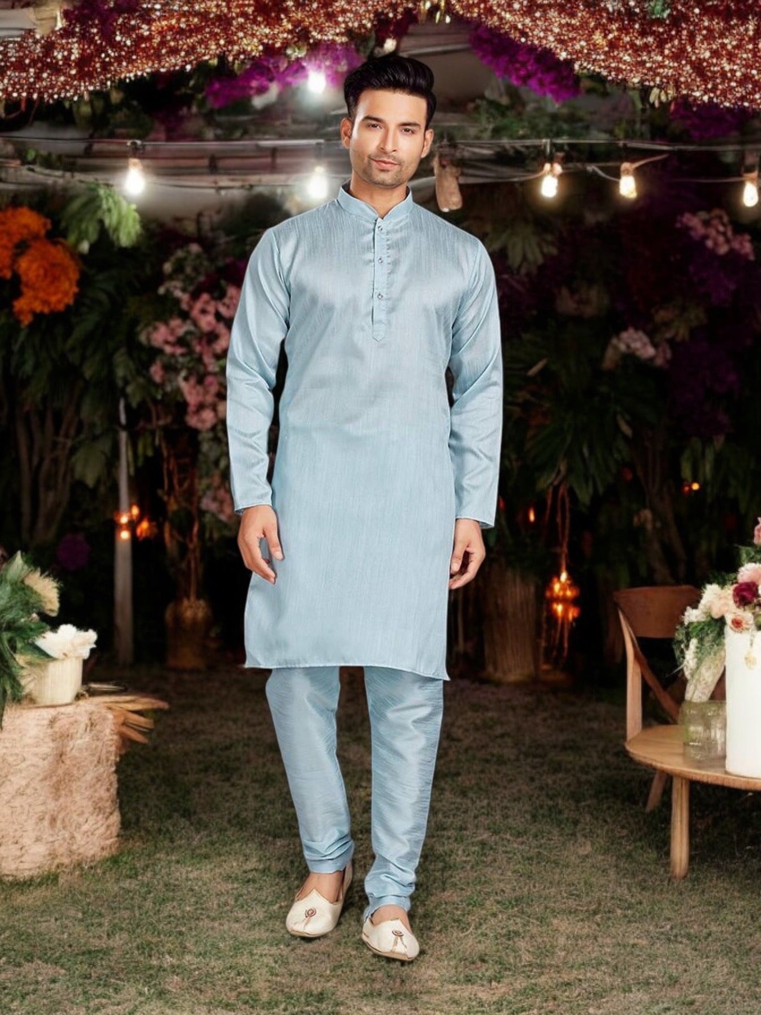 Traditional sky blue silk kurta and pajama set for men by Saree Ghor Charlotte, featuring elegant fabric and classic design.