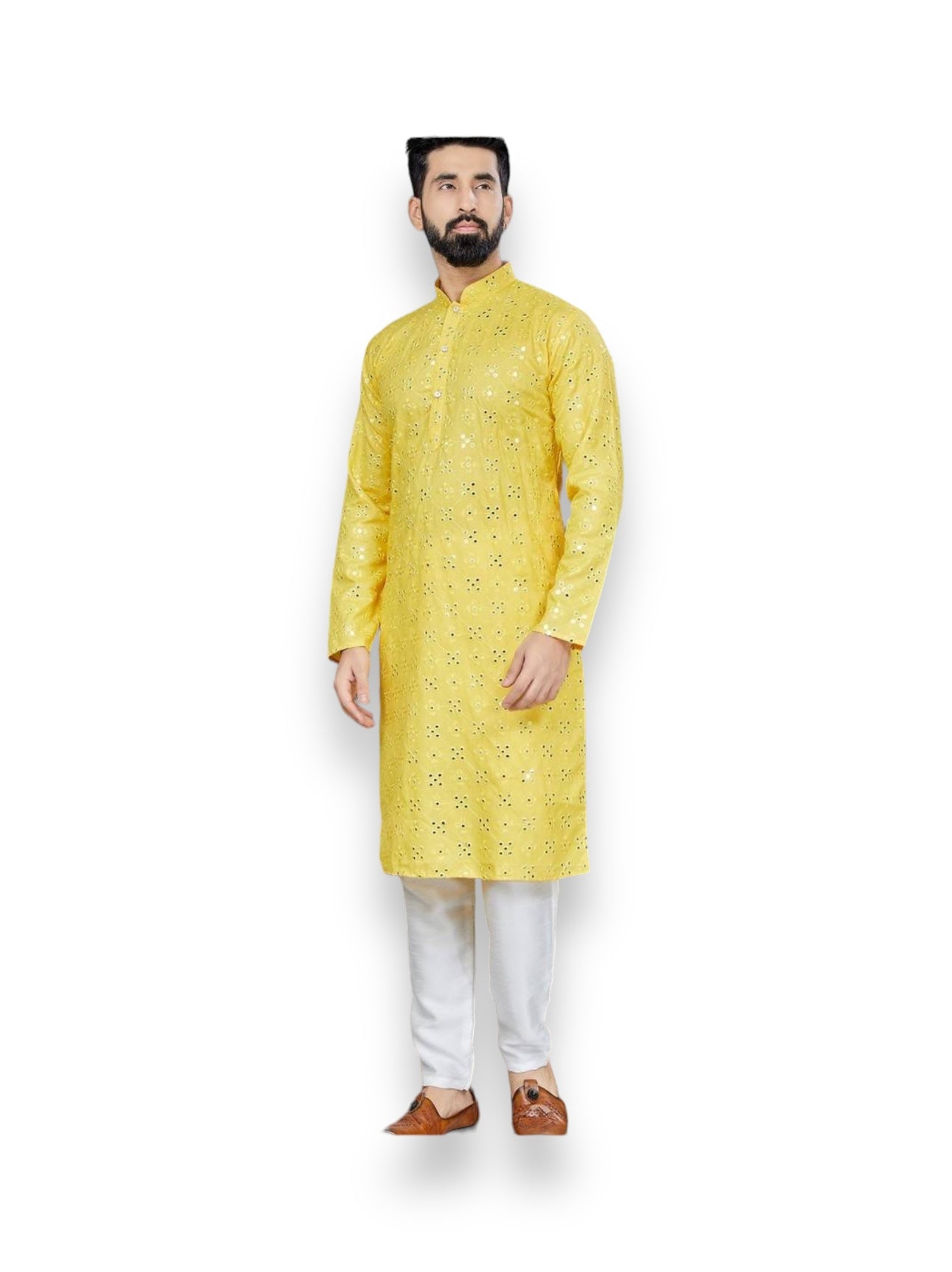 Traditional yellow men's kurta and pajama from Saree Ghor Charlotte, ideal for party wear, with intricate design details.