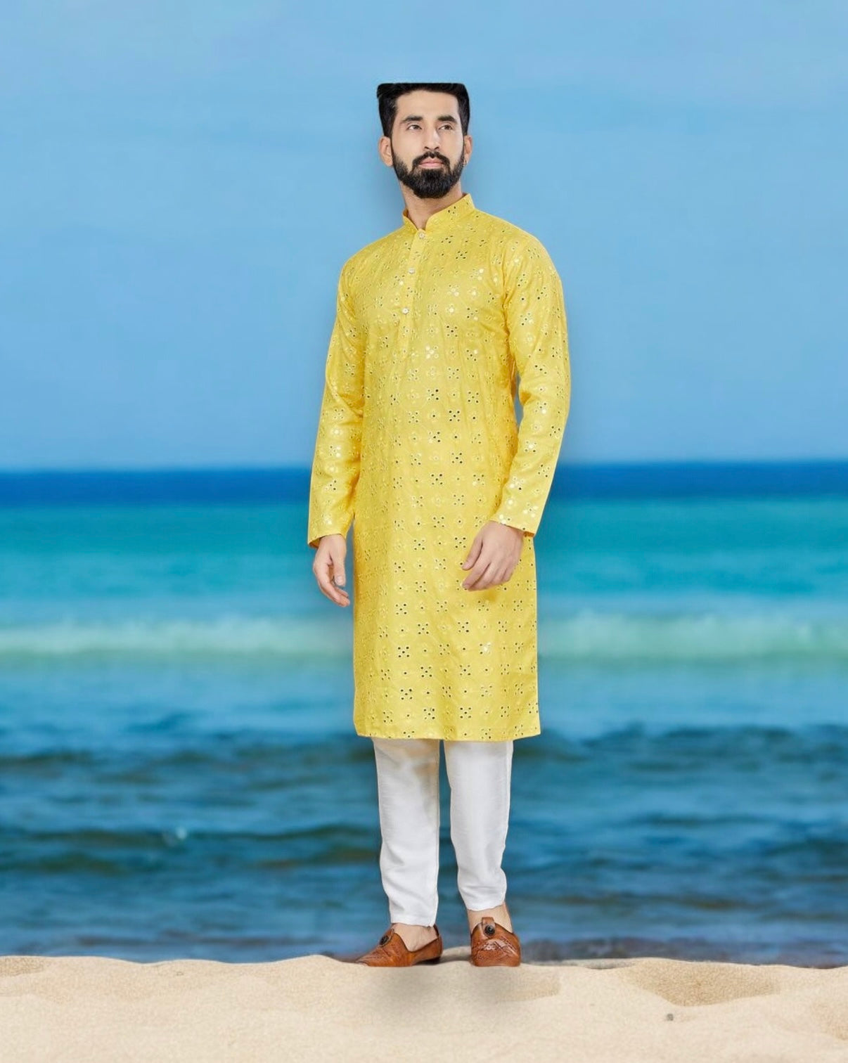 Traditional yellow men's kurta and pajama set by Saree Ghor Charlotte, perfect for party wear, shown in a detailed product catalog image.