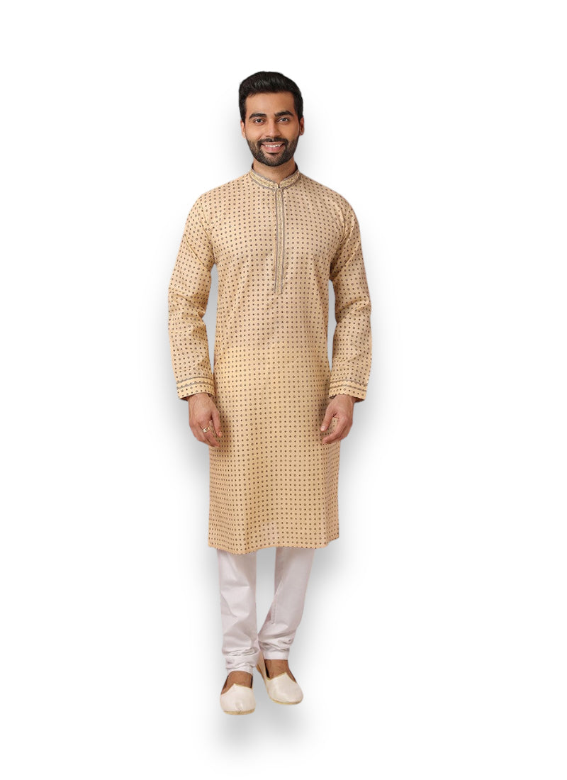 Beige Bliss men's kurta by Saree Ghor Charlotte, pure cotton digital print ethnic wear with matching pajama, casual cultural attire.