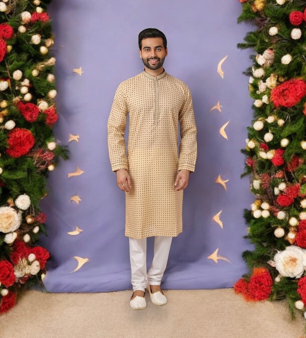 Beige Bliss pure cotton digital print men's kurta with matching pajama, traditional ethnic wear by Saree Ghor Charlotte.
