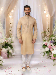 Beige Bliss pure cotton digital print men's kurta with matching pajama, traditional ethnic wear by Saree Ghor Charlotte.