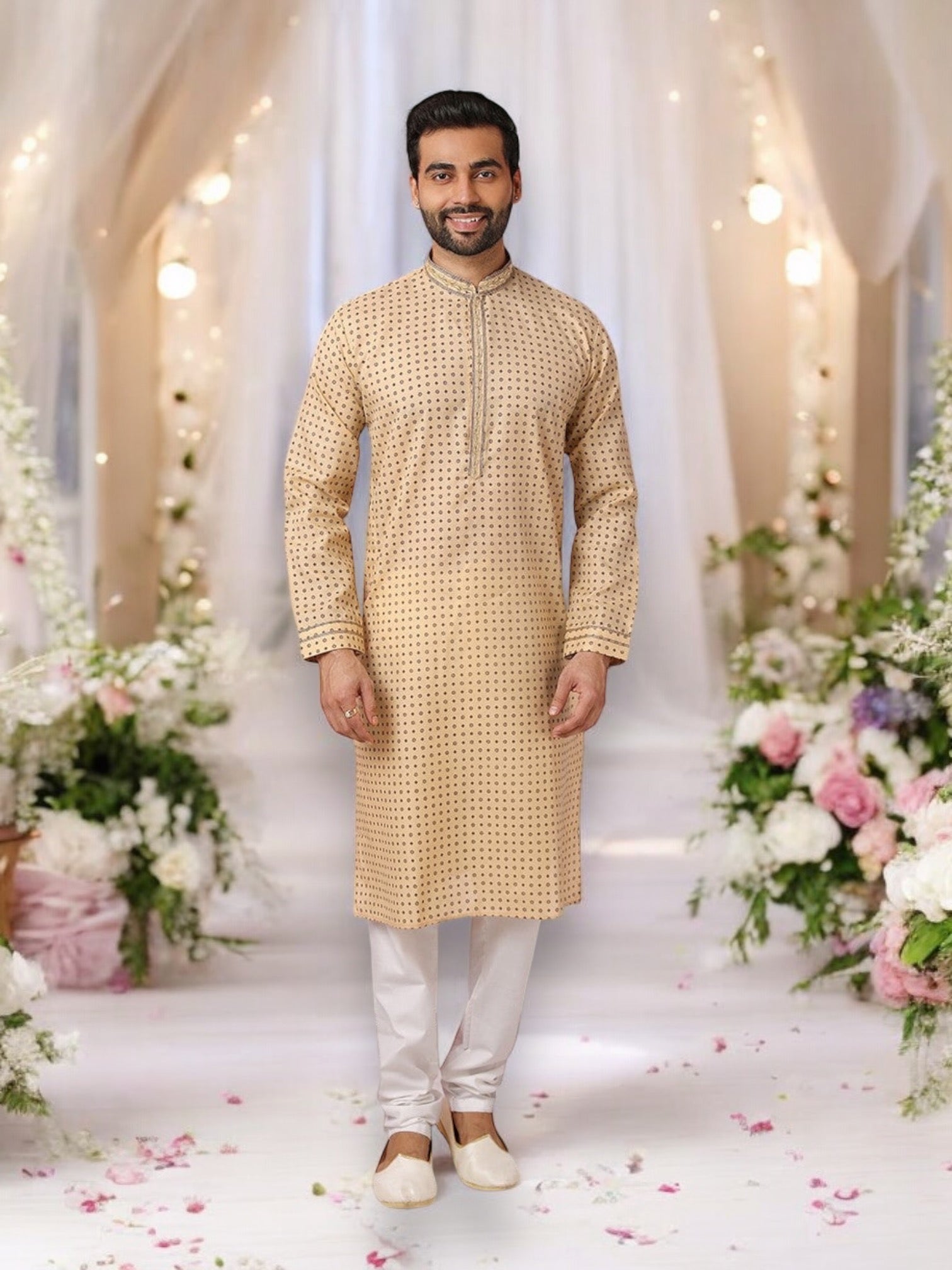 Beige Bliss pure cotton digital print men's kurta with matching pajama, traditional ethnic wear by Saree Ghor Charlotte.
