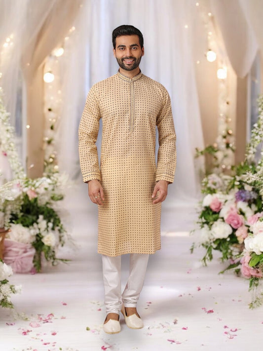 Beige Bliss: Pure Cotton Digital Print Kurta Pajama– Ethnic Wear for Mens - Saree Ghor Charlotte