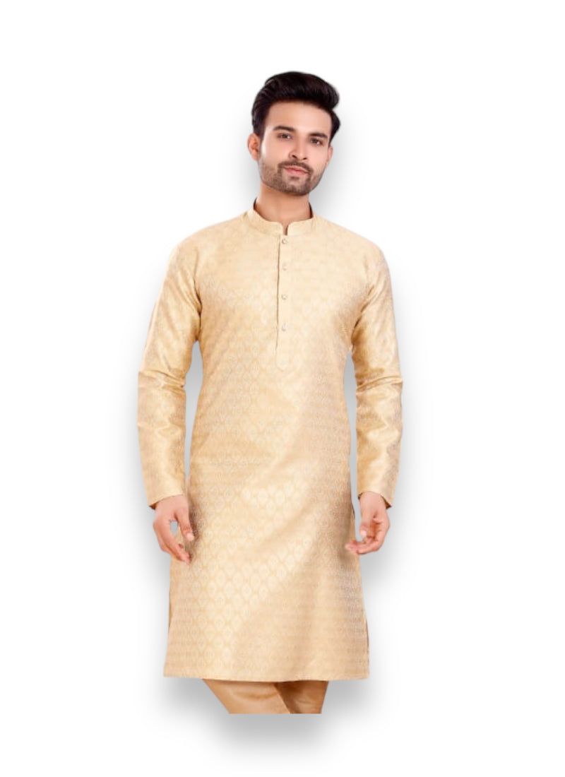 Beige stylish men's silk kurta pajama by Saree Ghor Charlotte with intricate traditional design, suitable for cultural wear.
