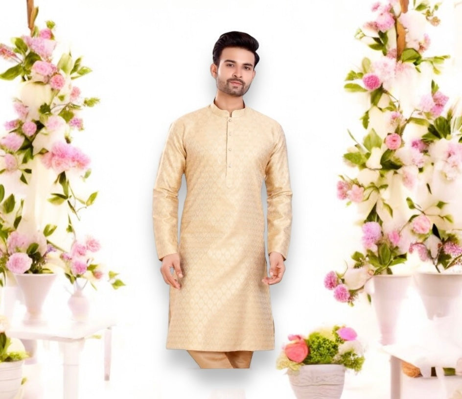 Beige stylish men's silk kurta pajama by Saree Ghor Charlotte, traditional ethnic wear with intricate design details.
