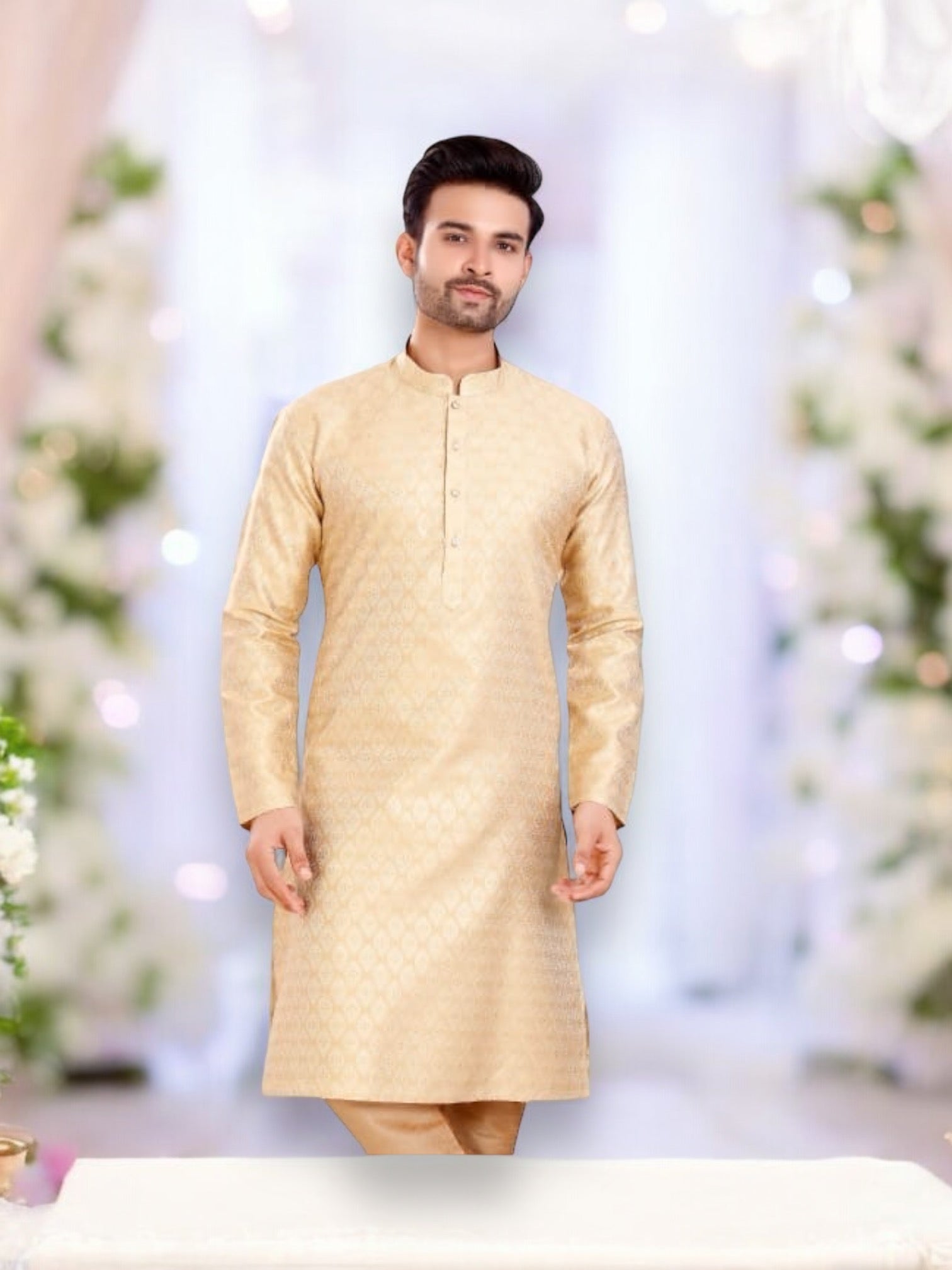Beige stylish men's silk kurta pajama by Saree Ghor Charlotte, featuring traditional ethnic wear design with intricate detailing.