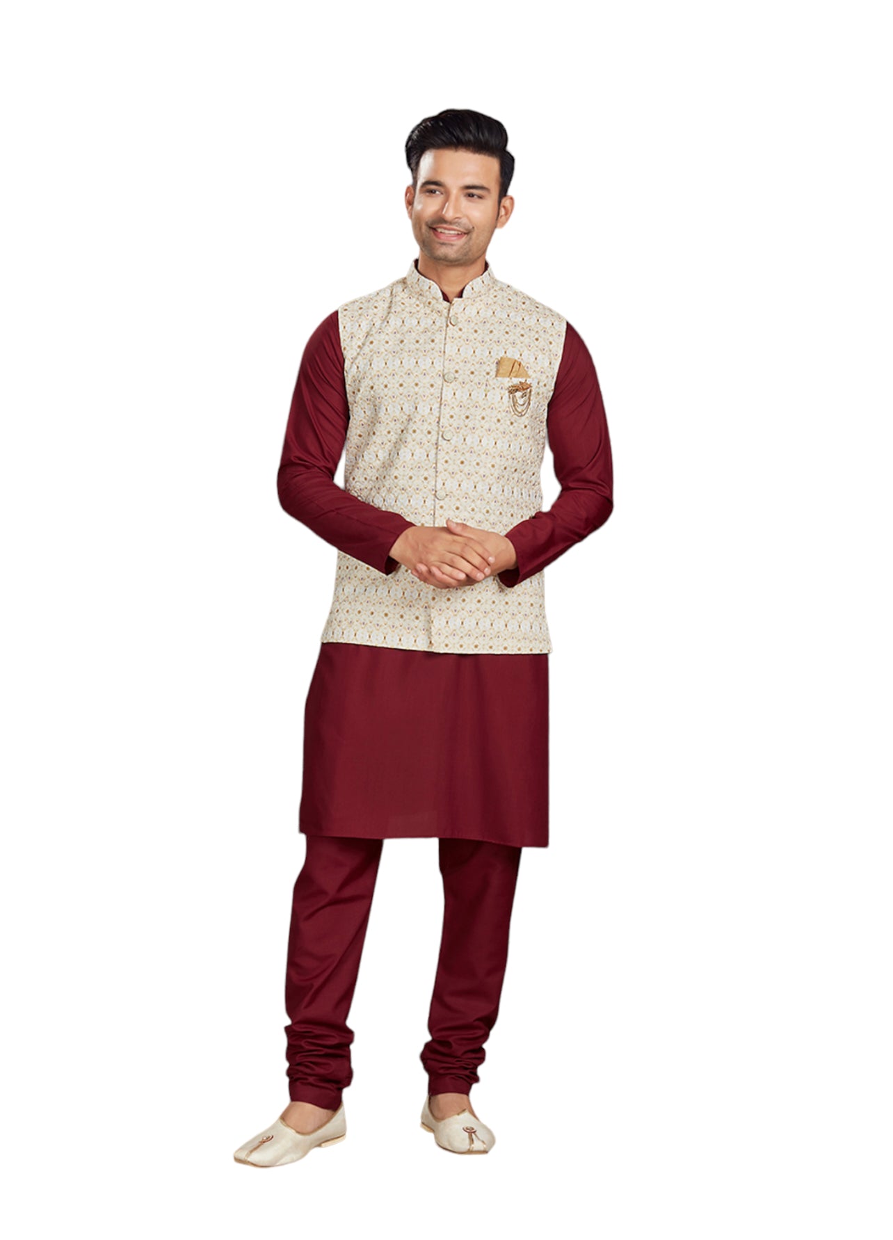 Men's maroon cotton kurta pajama set with an elegant jacket by Saree Ghor Charlotte, traditional and classic for festive occasions.