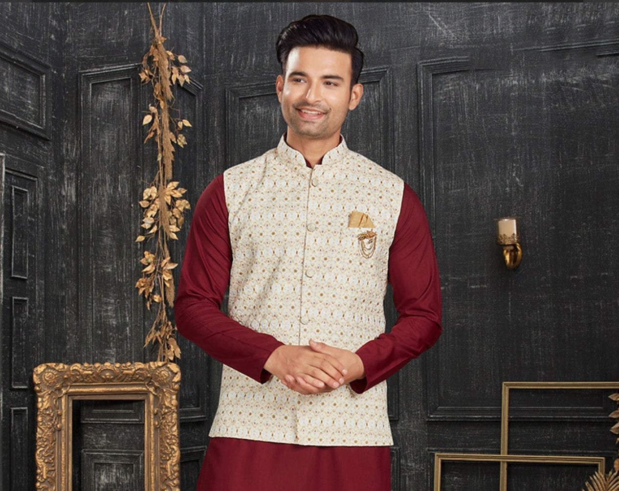 Men's maroon traditional cotton kurta pajama set with an elegant jacket by Saree Ghor Charlotte, featuring classic craftsmanship.