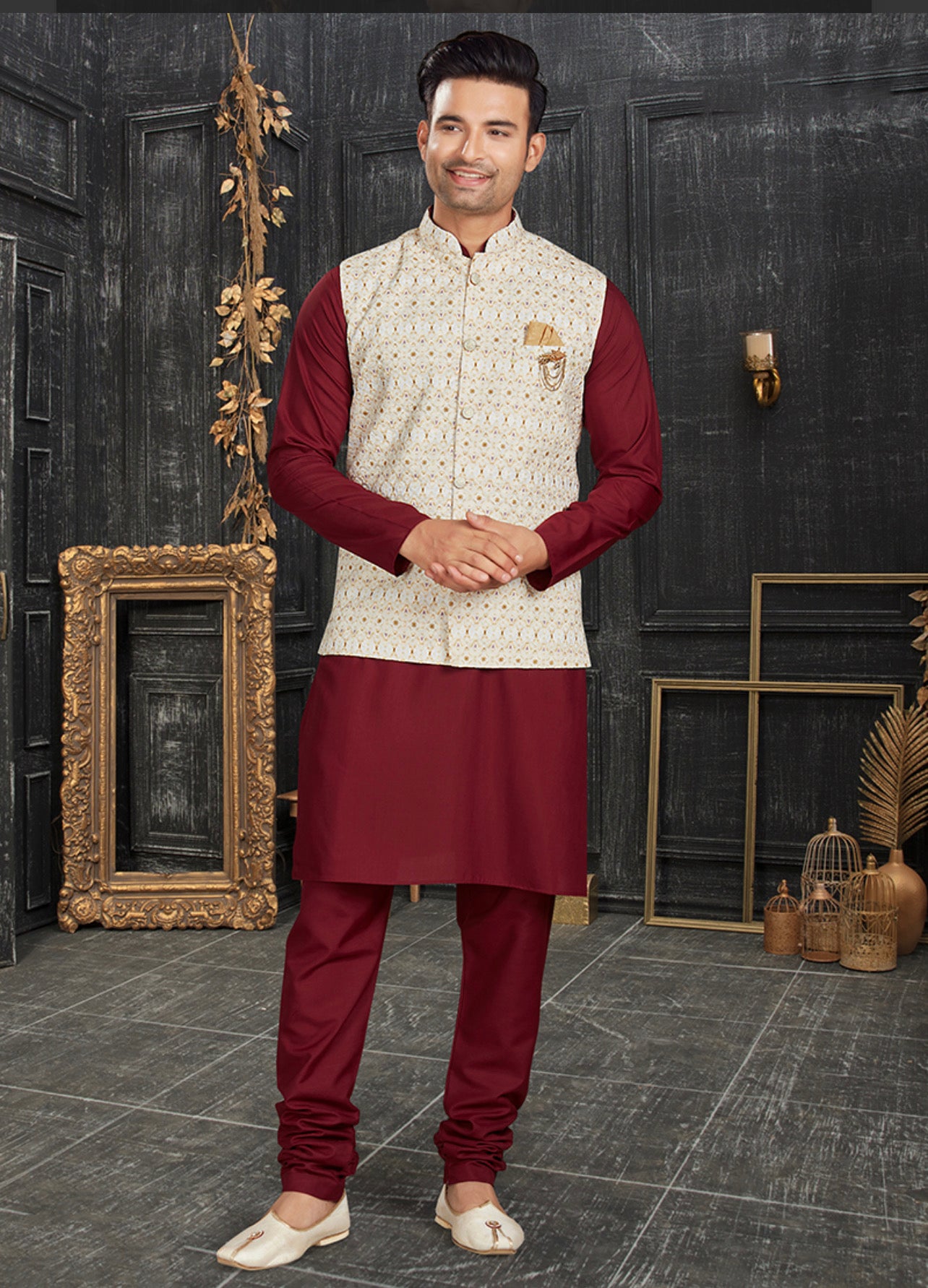 Men's traditional maroon cotton kurta pajama set with an elegant jacket by Saree Ghor Charlotte, showcasing classic design and craftsmanship.