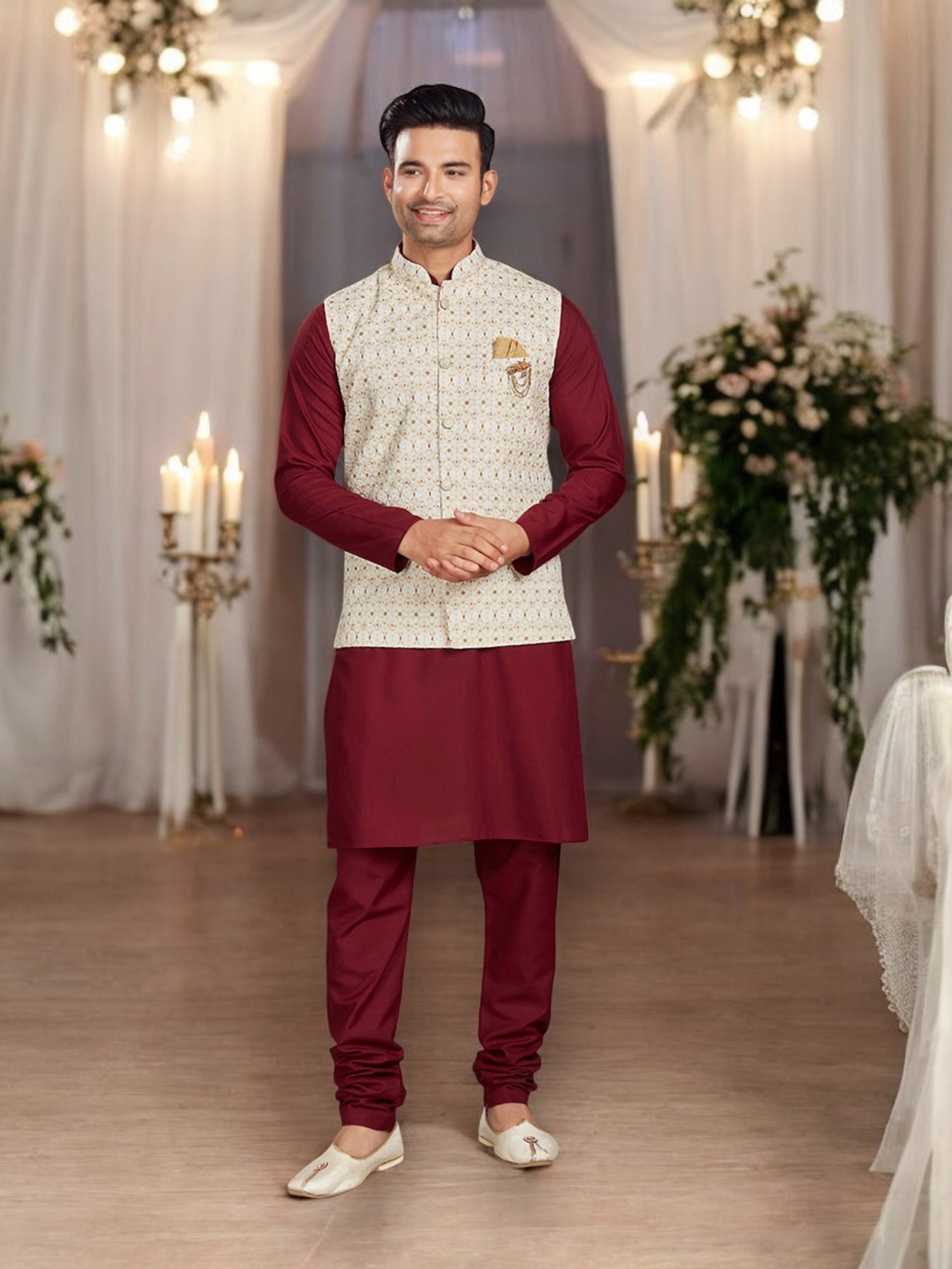 Classic Maroon - Traditional Cotton Kurta Pajama Set with Elegant Jacket - Saree Ghor Charlotte