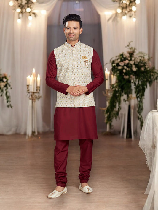 Classic Maroon - Traditional Cotton Kurta Pajama Set with Elegant Jacket - Saree Ghor Charlotte