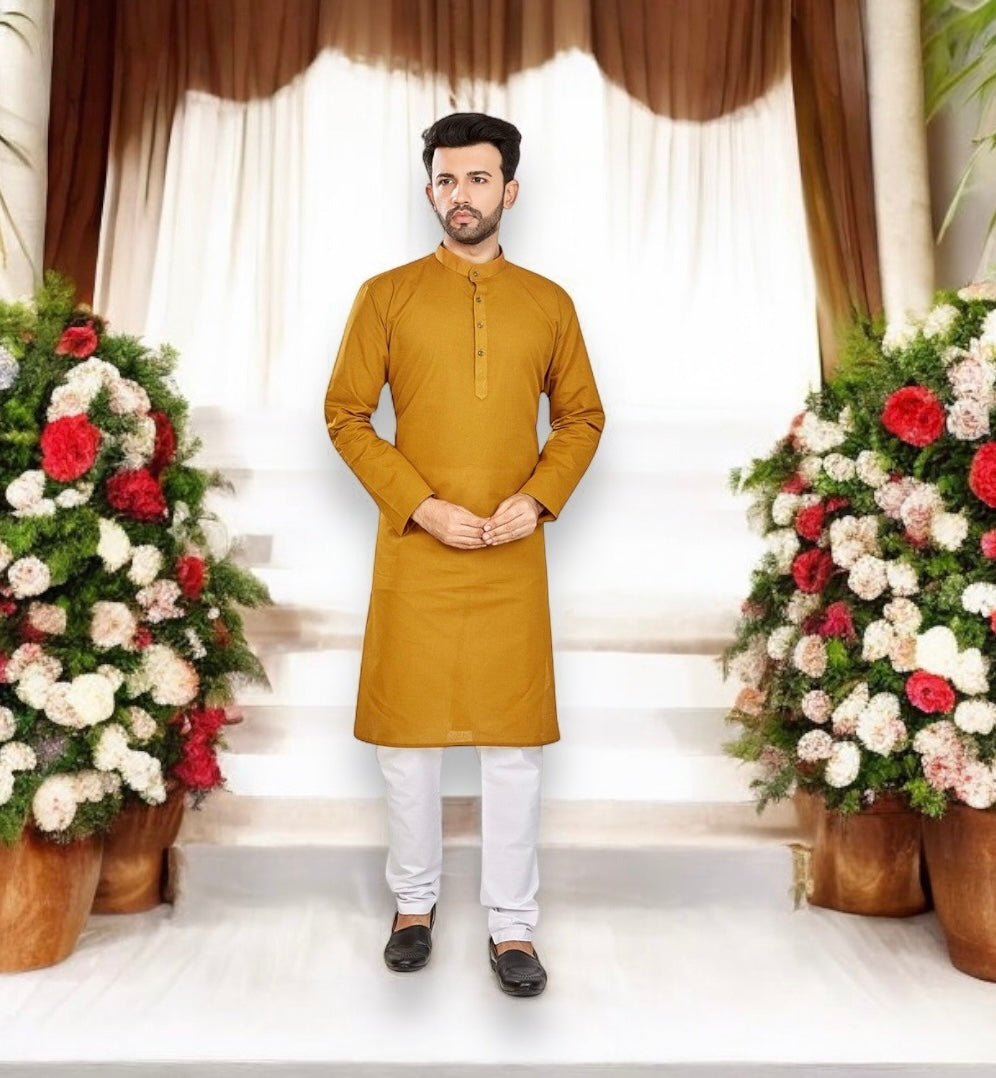 Mustard festive men's kurta and pajama set by Saree Ghor Charlotte, traditional ethnic wear for special occasions.